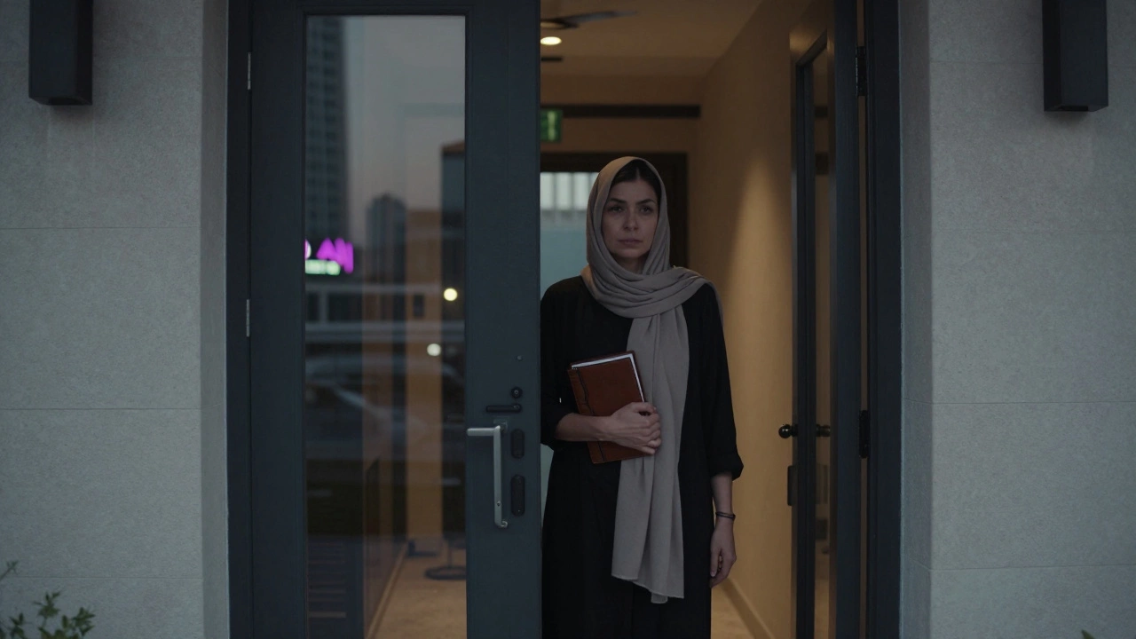 A woman stands discreetly at the entrance of a luxury Dubai building, holding a notebook, bathed in soft evening light.