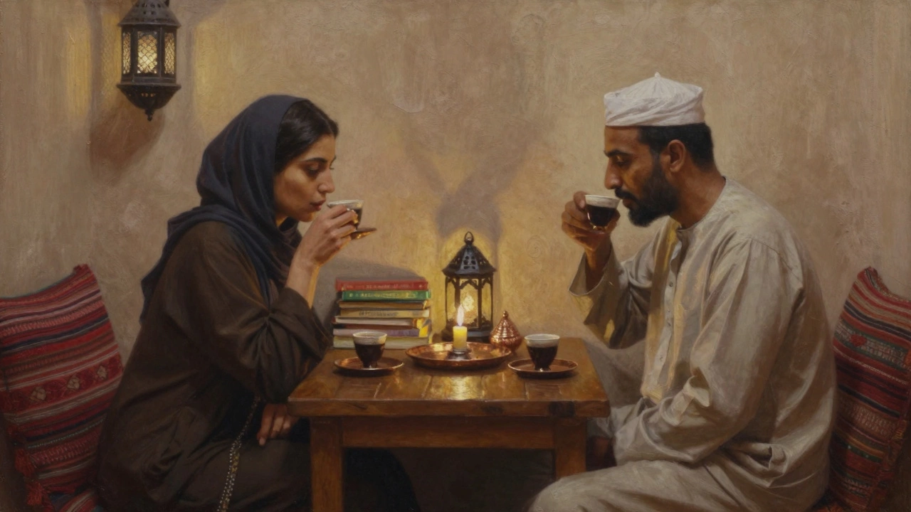 Two people sit in quiet conversation over coffee in a traditional Dubai tea house, surrounded by warm lantern light.
